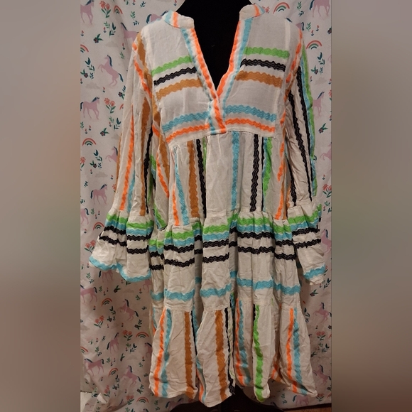 EUC Devotion Twins Ella Beige Rainbow Tiered Neutral Casual Boho Maxi Dress SZ M - Picture 1 of 7